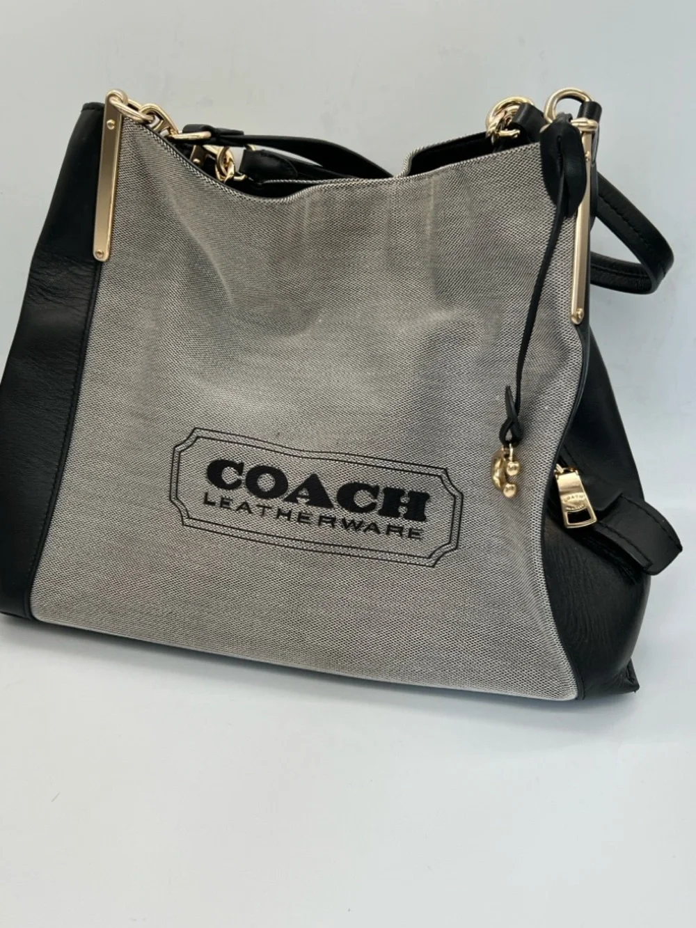 Coach Gray Canvas with Black Leather Shoulder Bag